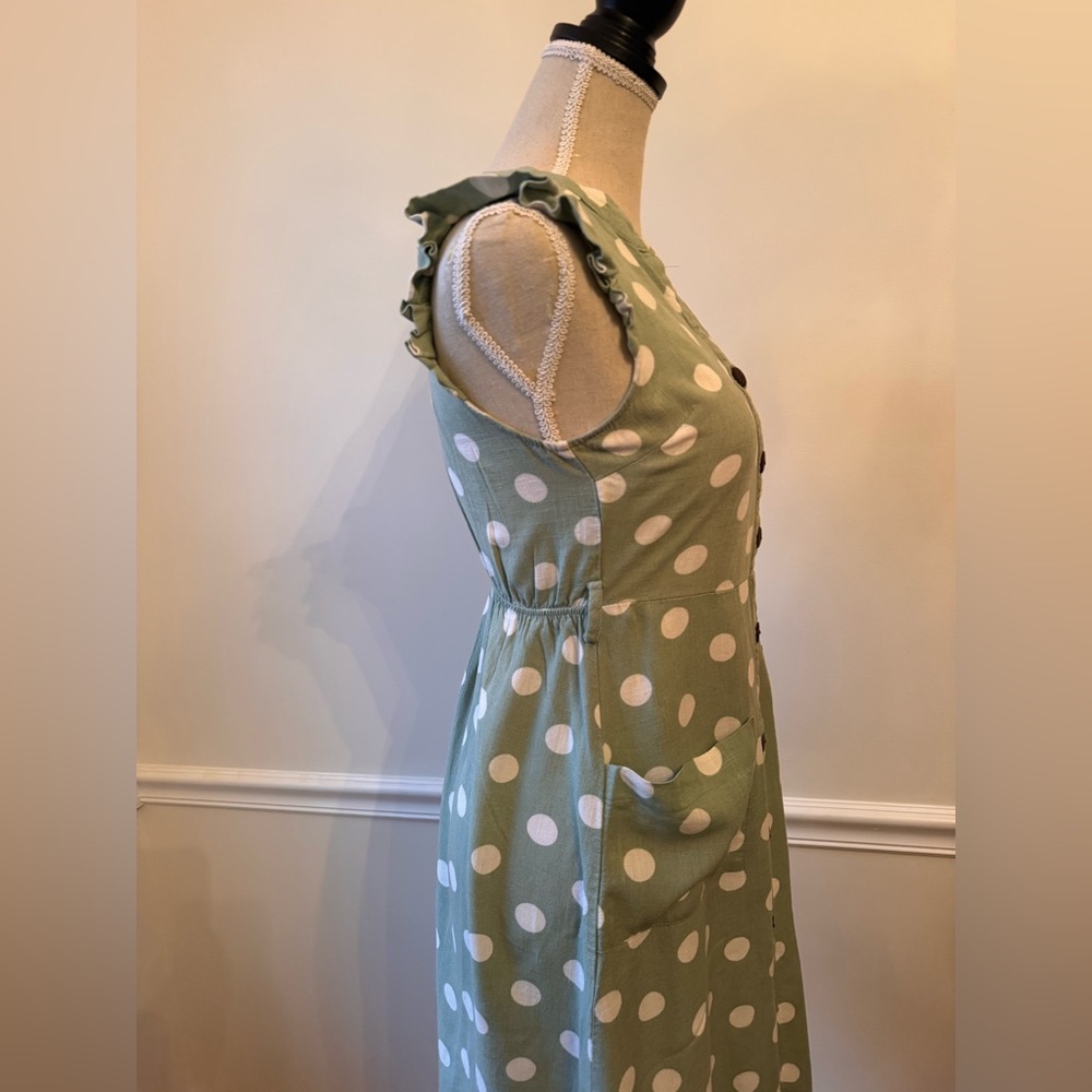 Monteau Green Linen Blend Polka Dot Midi Dress - Size Small - Picture 4 of 11
